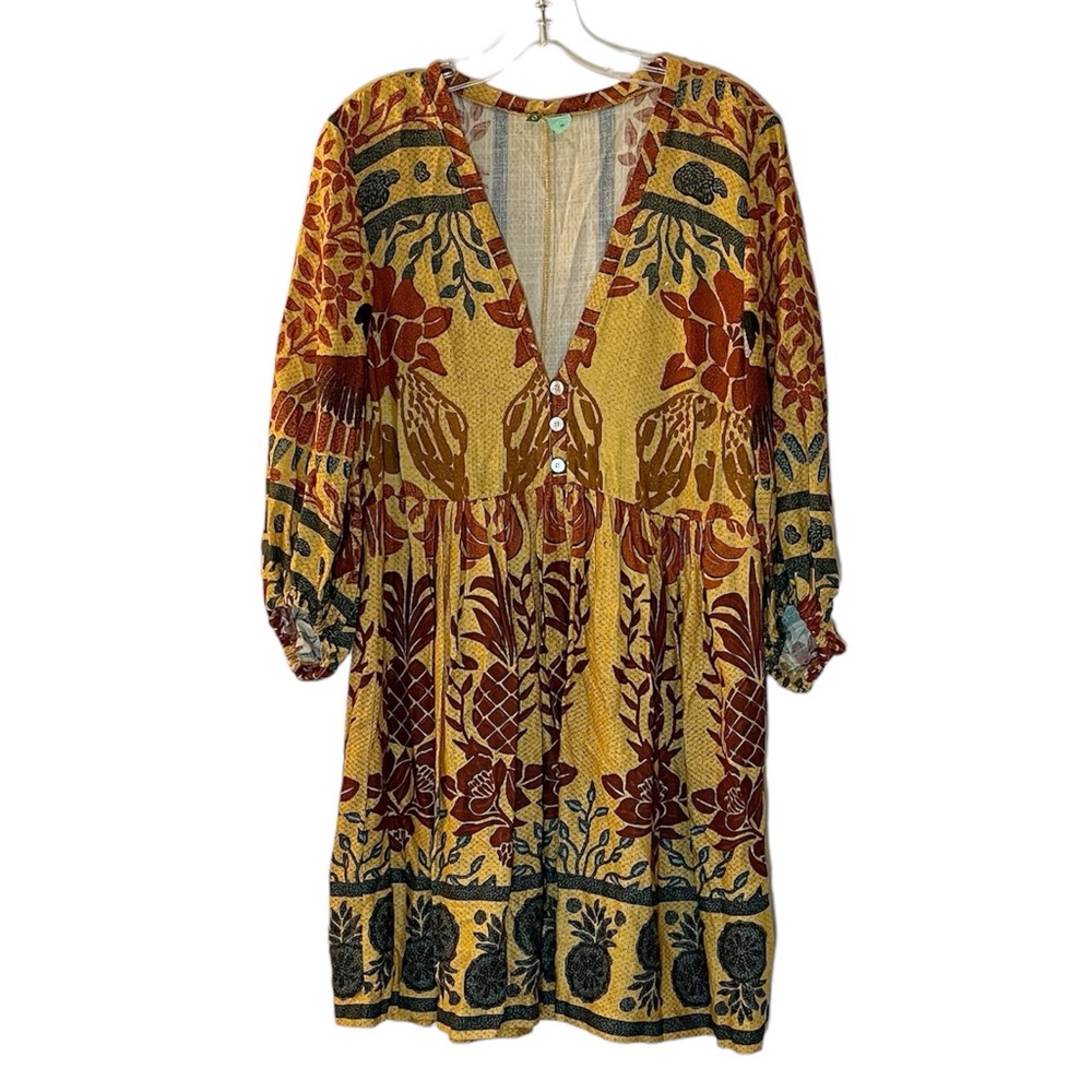 FARM Rio Yellow Floral Print Mini Dress with Rust and Teal Accents - Picture 1 of 7
